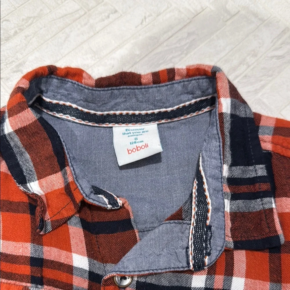 Orange and Navy Plaid Button Down Shirt, kids